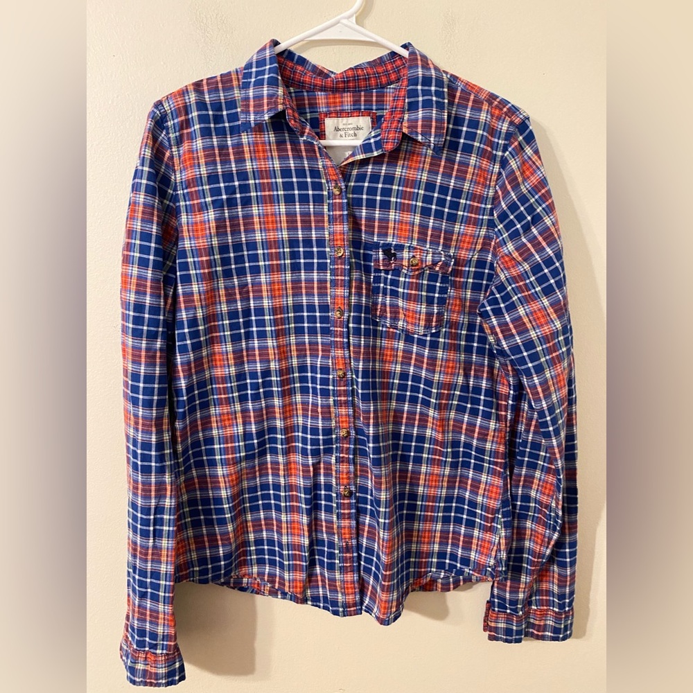 Women’s Abercrombie & Fitch Red‎ Blue Plaid Flannel Style Button Down Size Large